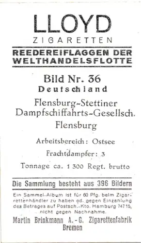 Sammelbild Reedereiflaggen der Welthandelsflotte, Bild 36 Deutschland,Flensb. Stettiner Dampfschiff.