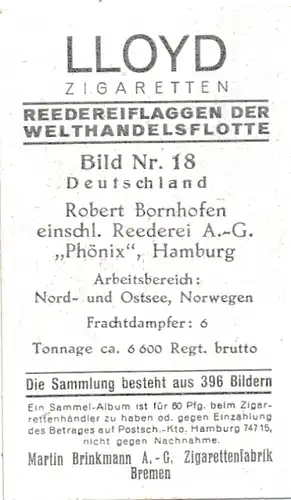 Sammelbild Reedereiflaggen der Welthandelsflotte, Bild 18 Deutschland, Bornhofen Reederei AG, Phönix