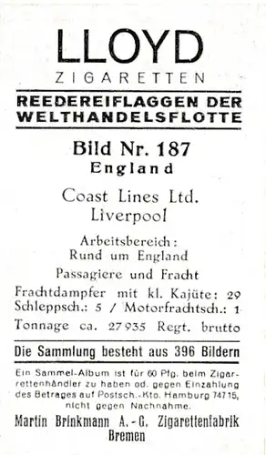 Sammelbild Reedereiflaggen der Welthandelsflotte, Bild 187 England, Coast Lines Ltd. Liverpool