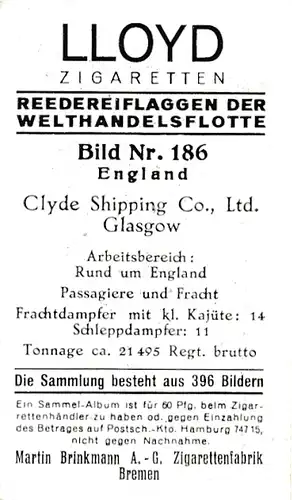 Sammelbild Reedereiflaggen der Welthandelsflotte, Bild 186 England, Clyde Shipping Co., CSC