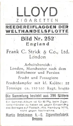 Sammelbild Reedereiflaggen der Welthandelsflotte, Bild 252 England, Franc C. Strick & Co.