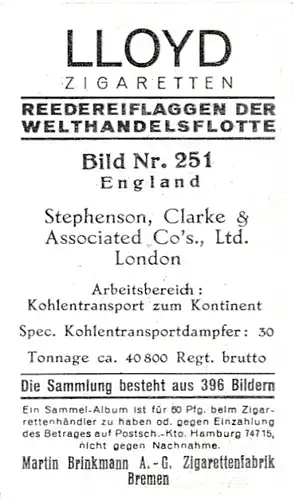 Sammelbild Reedereiflaggen der Welthandelsflotte, Bild 251 England, Stephenson Clarke & Assoc. Co.