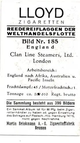 Sammelbild Reedereiflaggen der Welthandelsflotte, Bild 185 England, Clan Line Steamers