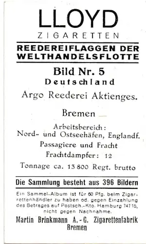 Sammelbild Reedereiflaggen der Welthandelsflotte, Bild 5 Deutschland, Argo Reederei AG