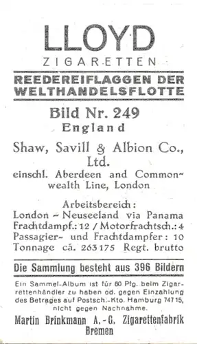 Sammelbild Reedereiflaggen der Welthandelsflotte, Bild 249 England, Shaw Savill Albion Co. Ltd