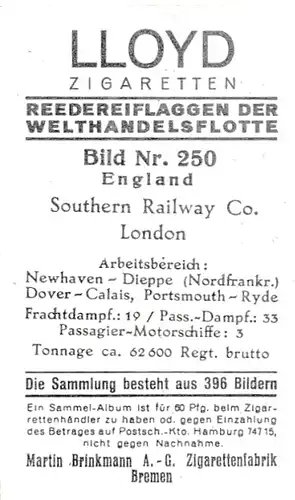 Sammelbild Reedereiflaggen der Welthandelsflotte, Bild 250 England, Southern Railway Co.