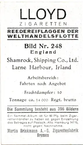 Sammelbild Reedereiflaggen der Welthandelsflotte, Bild 248 England, Shamrock Shipping Co. Ltd