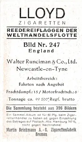 Sammelbild Reedereiflaggen der Welthandelsflotte, Bild 247 England, Walter Runciman & Co. Ltd