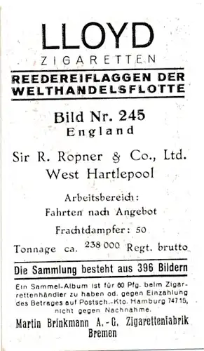 Sammelbild Reedereiflaggen der Welthandelsflotte, Bild 245 England, Sir R. Ropner & Co. Ltd.