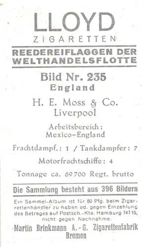 Sammelbild Reedereiflaggen der Welthandelsflotte, Bild 235 England, H. E. Moss & Co.