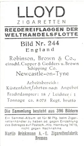 Sammelbild Reedereiflaggen der Welthandelsflotte, Bild 244 England, Robinson Brown & Co.