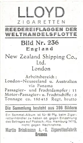 Sammelbild Reedereiflaggen der Welthandelsflotte, Bild 236 England, New Zealand Shipping Co.