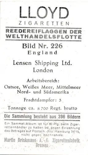 Sammelbild Reedereiflaggen der Welthandelsflotte, Bild 226 England, Lensen Shipping Ltd.