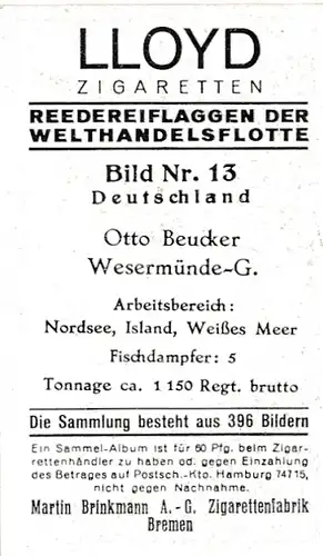 Sammelbild Reedereiflaggen der Welthandelsflotte, Bild 13 Deutschland, Otto Beucker Wesermünde