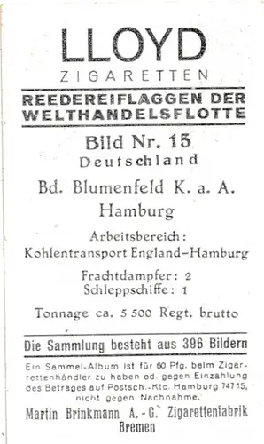 Sammelbild Reedereiflaggen der Welthandelsflotte, Bild 15 Deutschland, Bd. Blumenfeld K.a.A. Hamburg