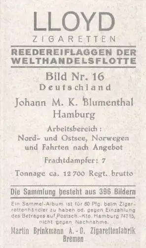 Sammelbild Reedereiflaggen der Welthandelsflotte, Bild 16 Deutschland, Johann M.K. Blumenthal