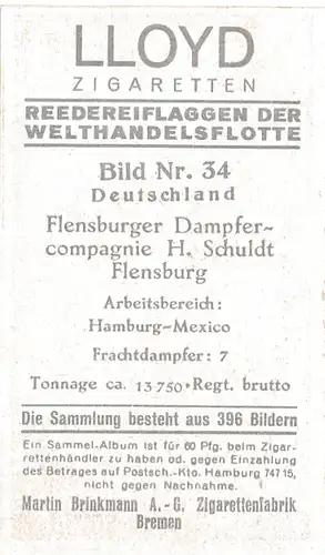 Sammelbild Reedereiflaggen der Welthandelsflotte, Bild 34 Deutschland, Flensb. Dampferco. H. Schuldt