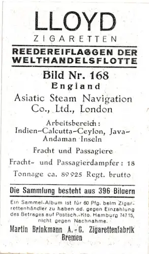 Sammelbild Reedereiflaggen der Welthandelsflotte, Bild 168 England, Asiatic Steam Nav. Co.