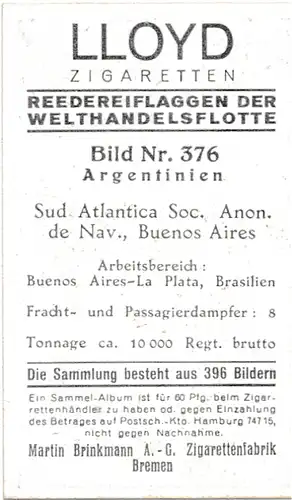 Sammelbild Reedereiflaggen der Welthandelsflotte, Bild 376 Argentinien, Sud Atlantica S.A. de Nav.