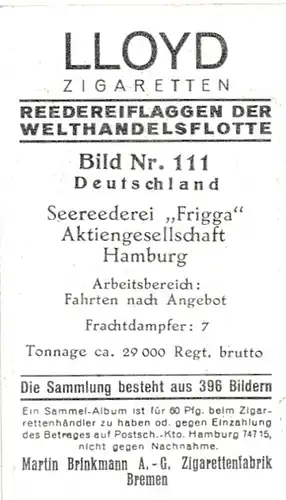 Sammelbild Reedereiflaggen der Welthandelsflotte, Bild 111 Deutschland, Seerederei Frigga AG