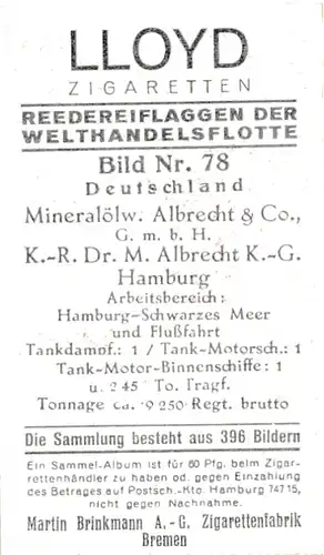 Sammelbild Reedereiflaggen der Welthandelsflotte, Bild 78 Deutschland, Mineralölw. Albrecht & Co.