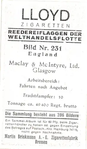 Sammelbild Reedereiflaggen der Welthandelsflotte, Bild 231 England, Maclay & Mc Intyre Ltd.