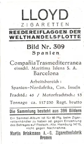 Sammelbild Reedereiflaggen der Welthandelsflotte, Bild 309 Spanien, Compania Trasmediterranea