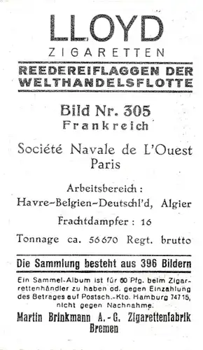 Sammelbild Reedereiflaggen der Welthandelsflotte, Bild 305 Frankreich, Societe Navale de l'Ouest