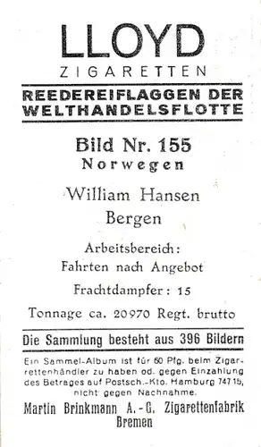 Sammelbild Reedereiflaggen der Welthandelsflotte, Bild 155 Norwegen, William Hansen