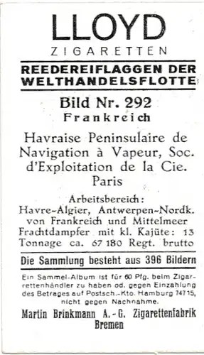 Sammelbild Reedereiflaggen der Welthandelsflotte, Bild 292 Frankreich, CHP, Havraise Peninsulaire