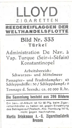 Sammelbild Reedereiflaggen der Welthandelsflotte, Bild 333 Türkei, Adm. De Nav. a Vap. Turque