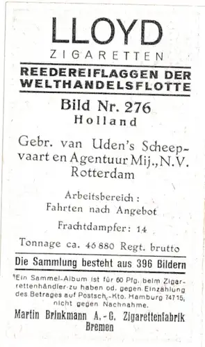 Sammelbild Reedereiflaggen der Welthandelsflotte, Bild 276 Holland, Gebr. van Uden's Scheepvaart