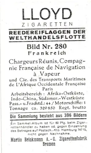 Sammelbild Reedereiflaggen der Welthandelsflotte, Bild 280 Frankreich,Compagnie des Chargeurs Reunis