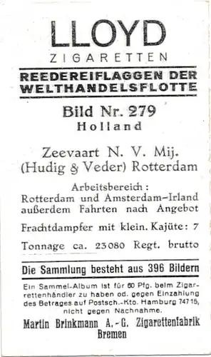 Sammelbild Reedereiflaggen der Welthandelsflotte, Bild 279 Holland, Zeevaart NV Mij. Hudig & Veder