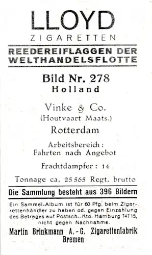 Sammelbild Reedereiflaggen der Welthandelsflotte, Bild 278 Holland, Vinke & Co. Houtvaart Maats.