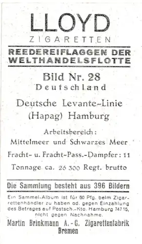 Sammelbild Reedereiflaggen der Welthandelsflotte, Bild 28 Deutschland, Dt. Levante Linie, HAPAG