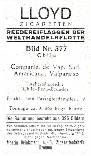 Sammelbild Reedereiflaggen der Welthandelsflotte, Bild 377 Chile, Comp. de Vap. Sud Americana