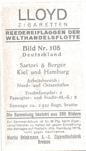 Sammelbild Reedereiflaggen der Welthandelsflotte, Bild 105 Deutschland, Sartori & Berger