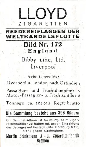 Sammelbild Reedereiflaggen der Welthandelsflotte, Bild 172 England, Bibby Line