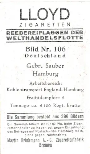 Sammelbild Reedereiflaggen der Welthandelsflotte, Bild 106 Deutschland, Gebr. Sauber Hamburg