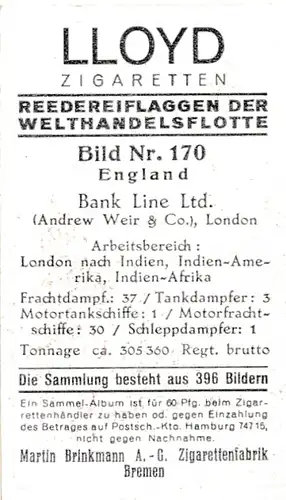 Sammelbild Reedereiflaggen der Welthandelsflotte, Bild 170 England, Bank Line Ltd.