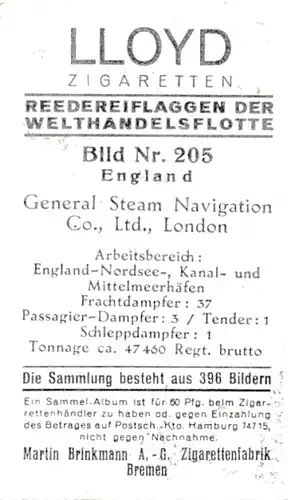 Sammelbild Reedereiflaggen der Welthandelsflotte, Bild 205 England, General Steam Nav. Co, GSNC