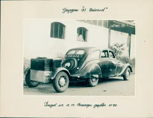 Foto Automobil, Peugeot 402 12 CV Remorque gazobloc No. 20, CK 458, Gazogene GL Universel, Anhänger
