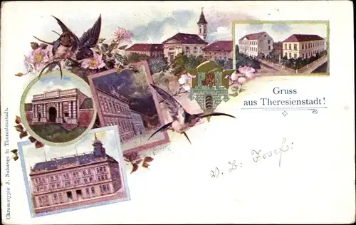 Künstler Ak Terezín Theresienstadt Region Aussig, Schloss, Kirche, Straßenansicht