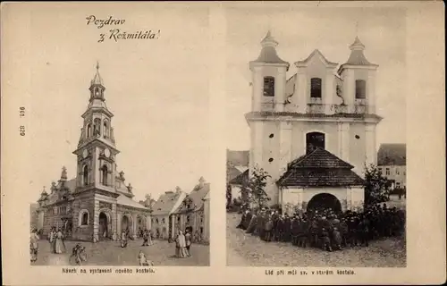 Ak Rožmitál Mittelböhmen, lidé při mši před kostelem