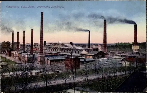 Ak Bohumín Oderberg Reg. Mährisch Schlesien, Mineralölraffinerie, Gesamtansicht, Schornsteinschlote