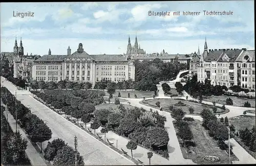 Ak Legnica Liegnitz Schlesien, Bilseplatz mit höherer Töchterschule