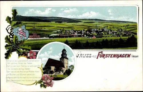 Litho Fürstenhagen Hessisch Lichtenau, Panoramaansicht von Ort und Umgebung, Kirche, Wappen