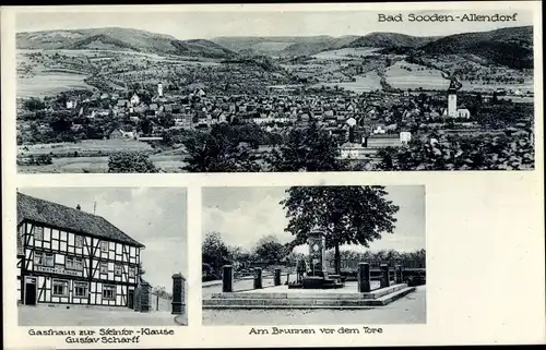 Ak Bad Sooden Allendorf an der Werra Hessen, Gesamtansicht, Gasthaus zur Steintor Klause, Brunnen