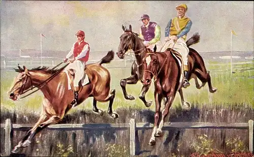 Künstler Ak Donadini, Antonio Ermenegildo, Pferderennen, Hürdensprung, Jockeys